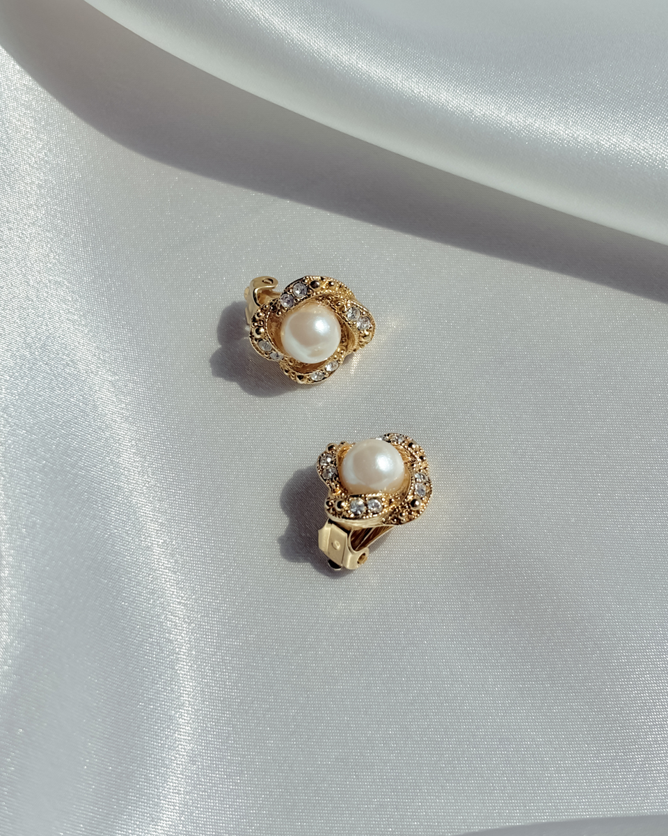 [올드스톡] 골드 로즈 펄 클립 온 이어링